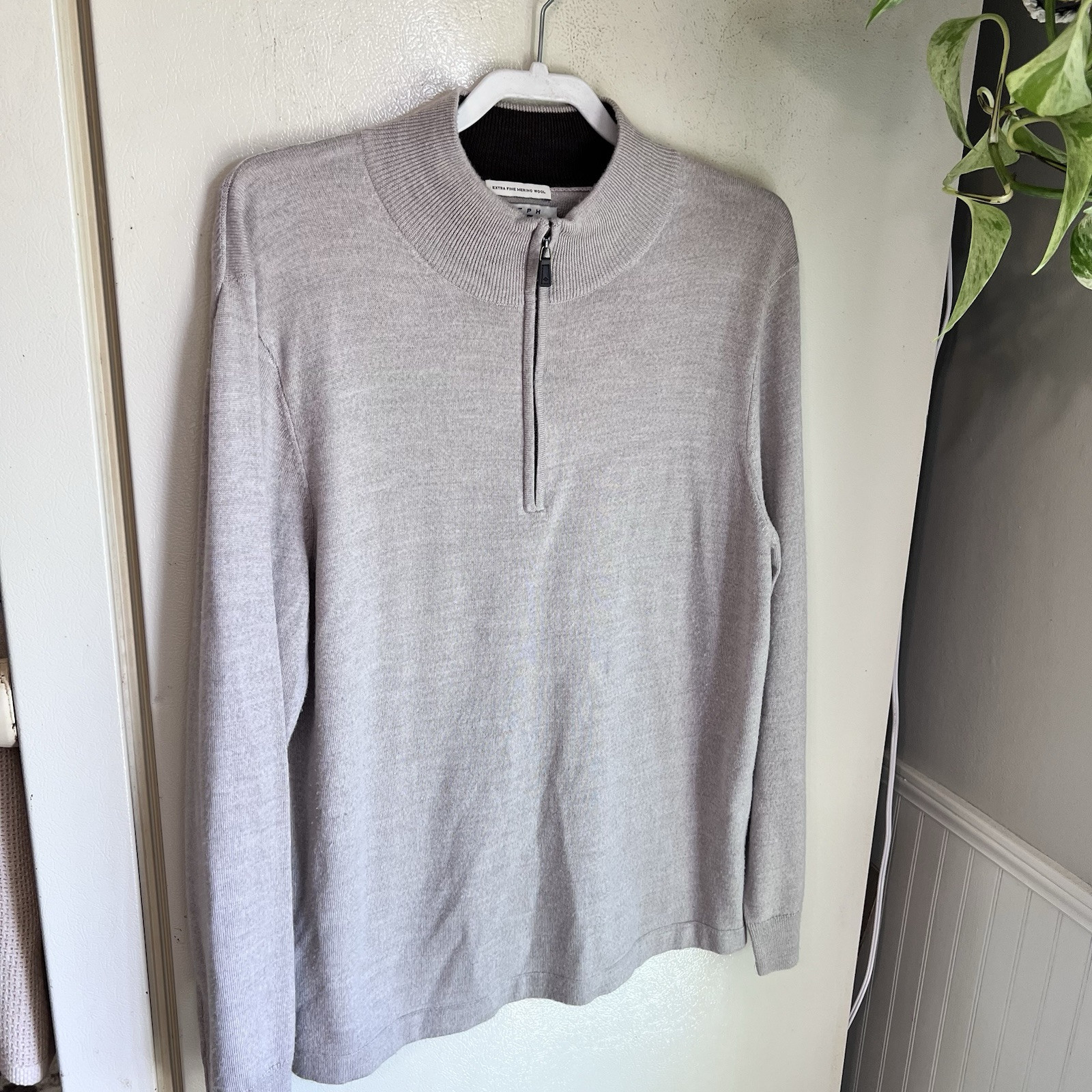 Joseph Abboud 1/4 Zip Sweater Mens Size XL 100% Extra Fine Merino Wool Oatmeal