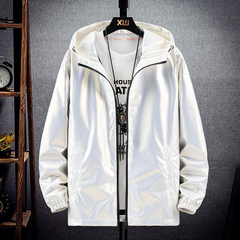 Mens Waterproof Shiny Jackets Casual Hooded Coat Long Sleeve Windproof Tops