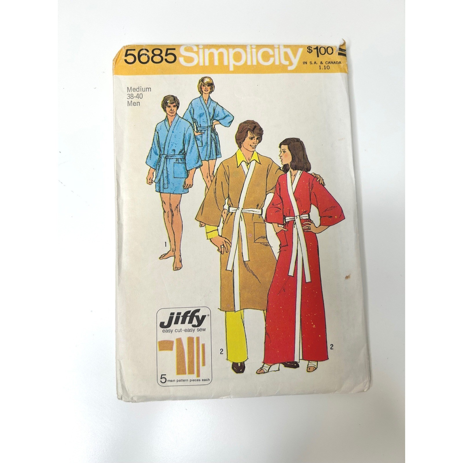 Simplicity 5685 Men’s or Misses Jiffy Kimono Robe two lengths – Men Medium 38-40