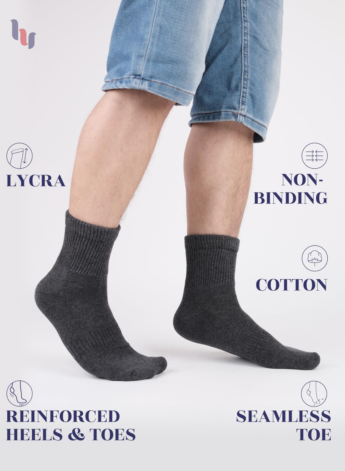 Men Diabetic Ankle Cotton Crew Socks, No Binding Top, 6 Pairs, by Hugh Ugoli