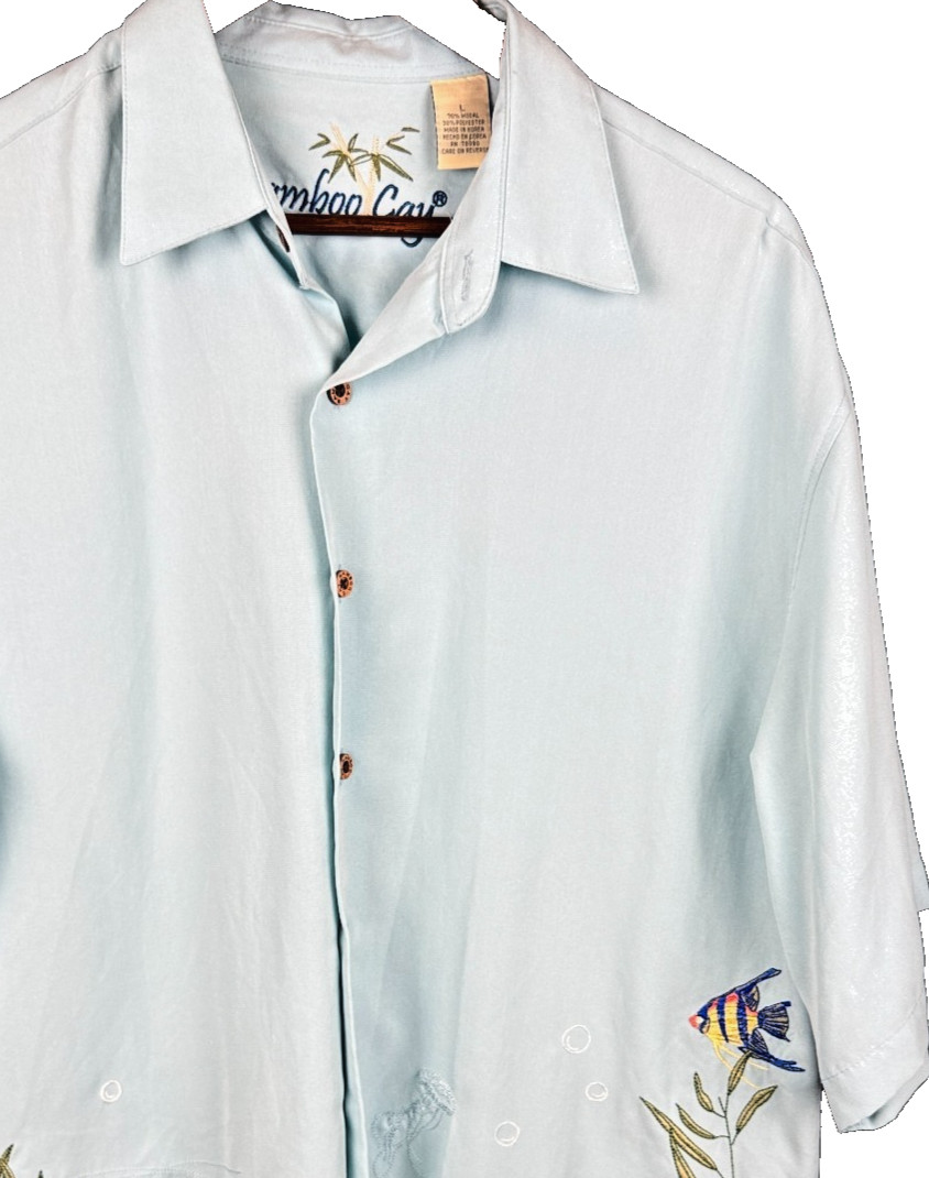 Bamboo Cay Under the Sea Embroidered Silk Blend Camp Shirt Light Blue Large L