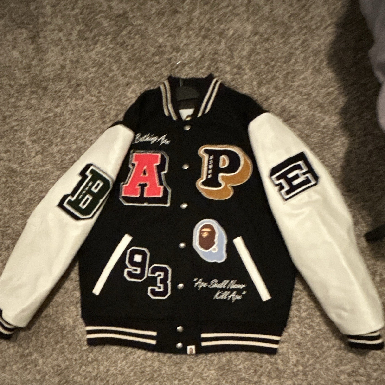 A Bathing Ape BAPE Men’s 2XL Black/White Wool Varsity Jacket Logo Patches