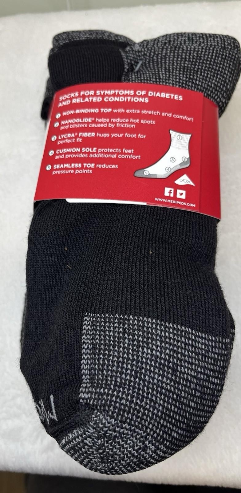 MediPeds Big & Tall Men’s NanoGLiDE Quarter Cushion Black Socks, X-Large,4 Pair