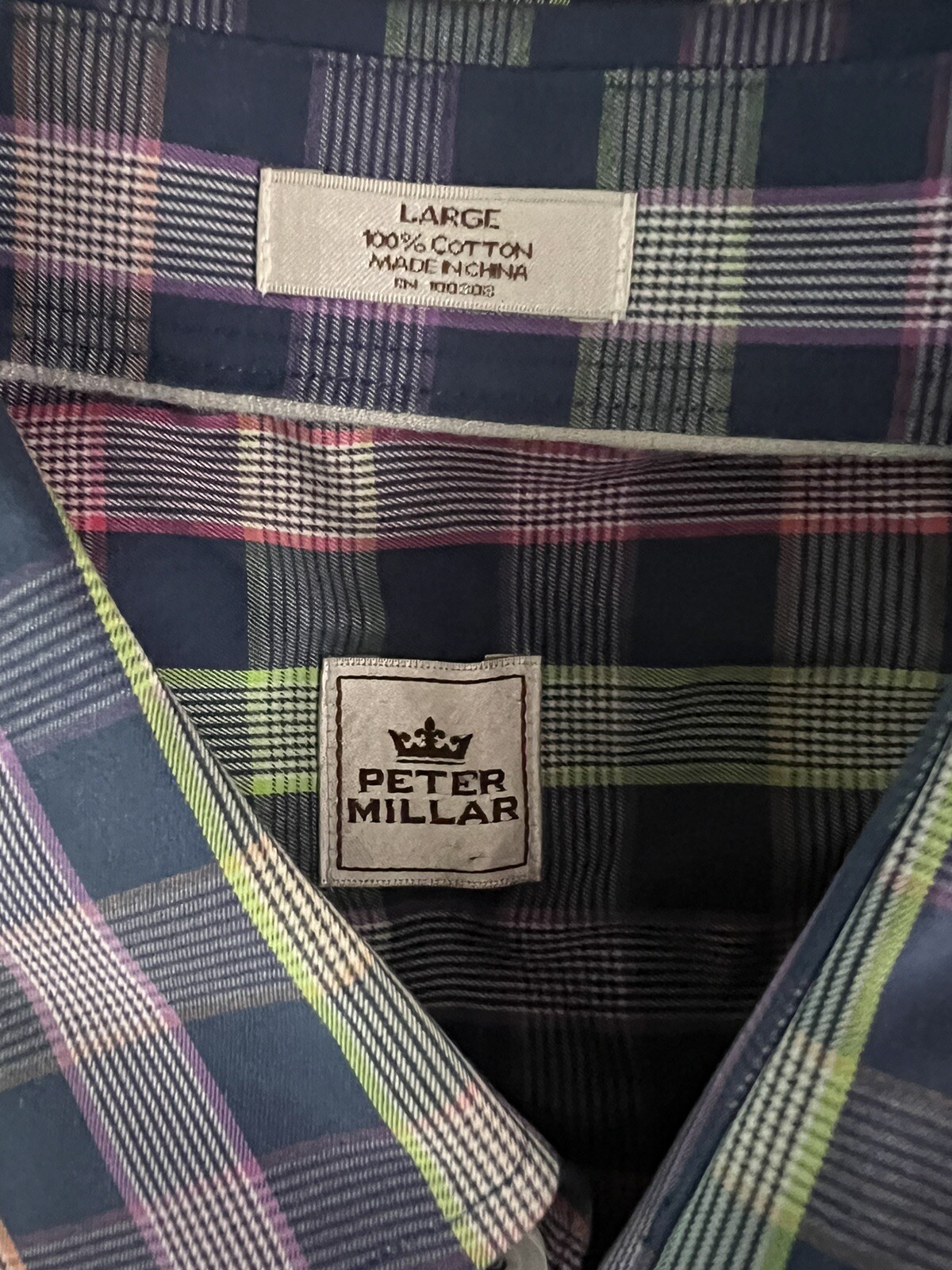 Peter Millar L Large Shirt Blue Plaid Button Down Front Cotton Long Sleeve V8