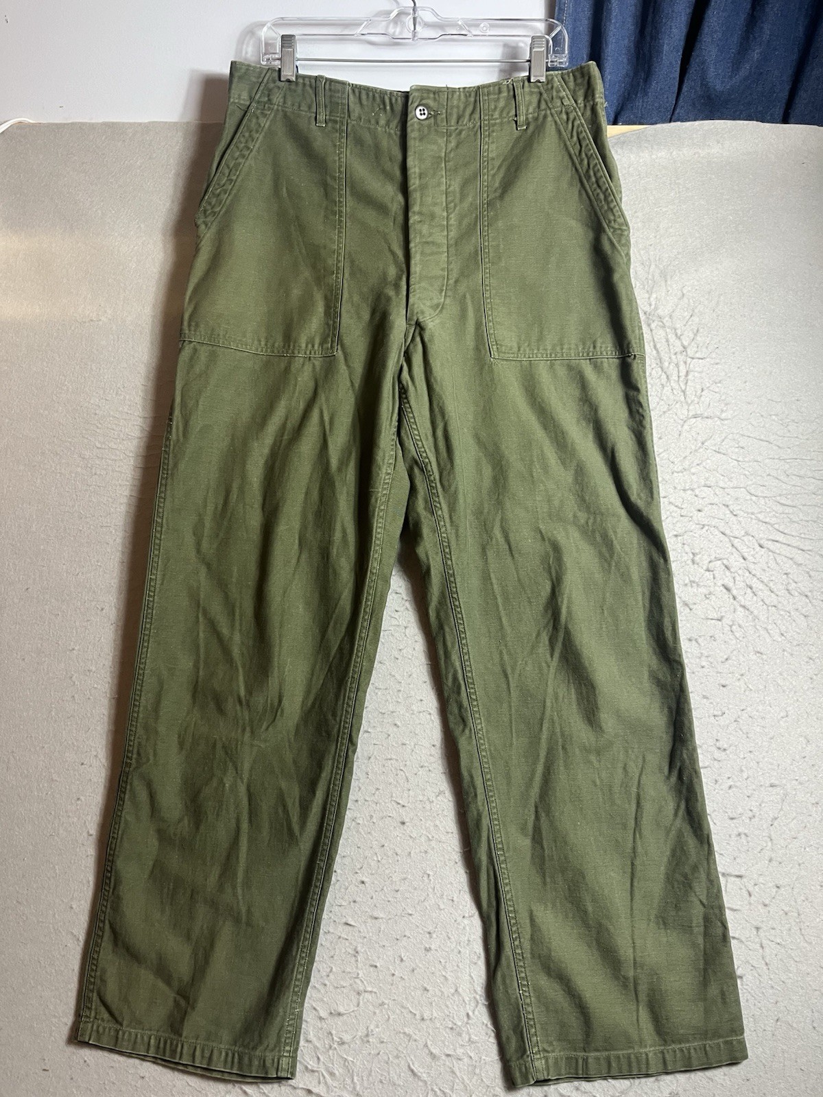 1970s Vintage US Army OG-107 Fatigues Sateen Olive Drab Trousers 36×33 *34×31