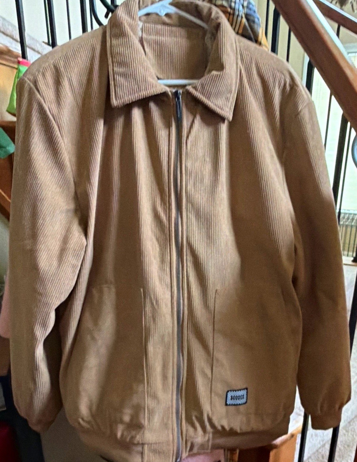 Men’s Tan Sherpa Lined Full Zip Bomber Jacket, Point Collar, Size XL