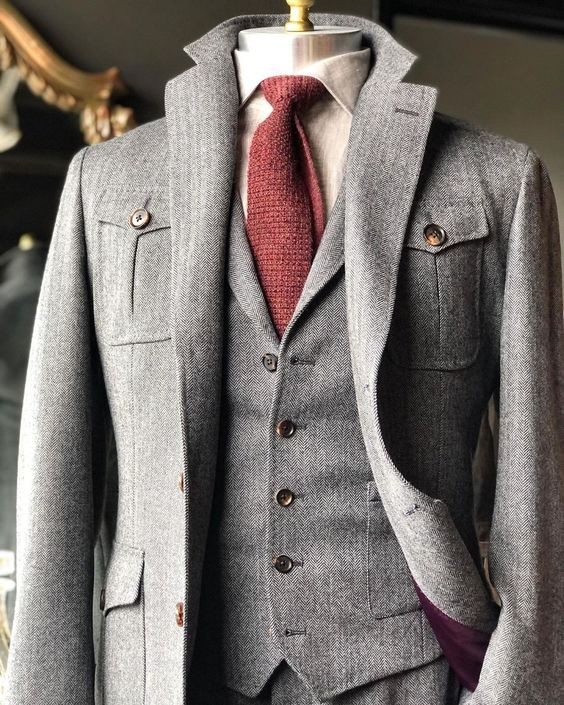 3Pcs Tweed Men’s Suits Light Gray Multi Pockets Hunting Outdoor Safari Jackets