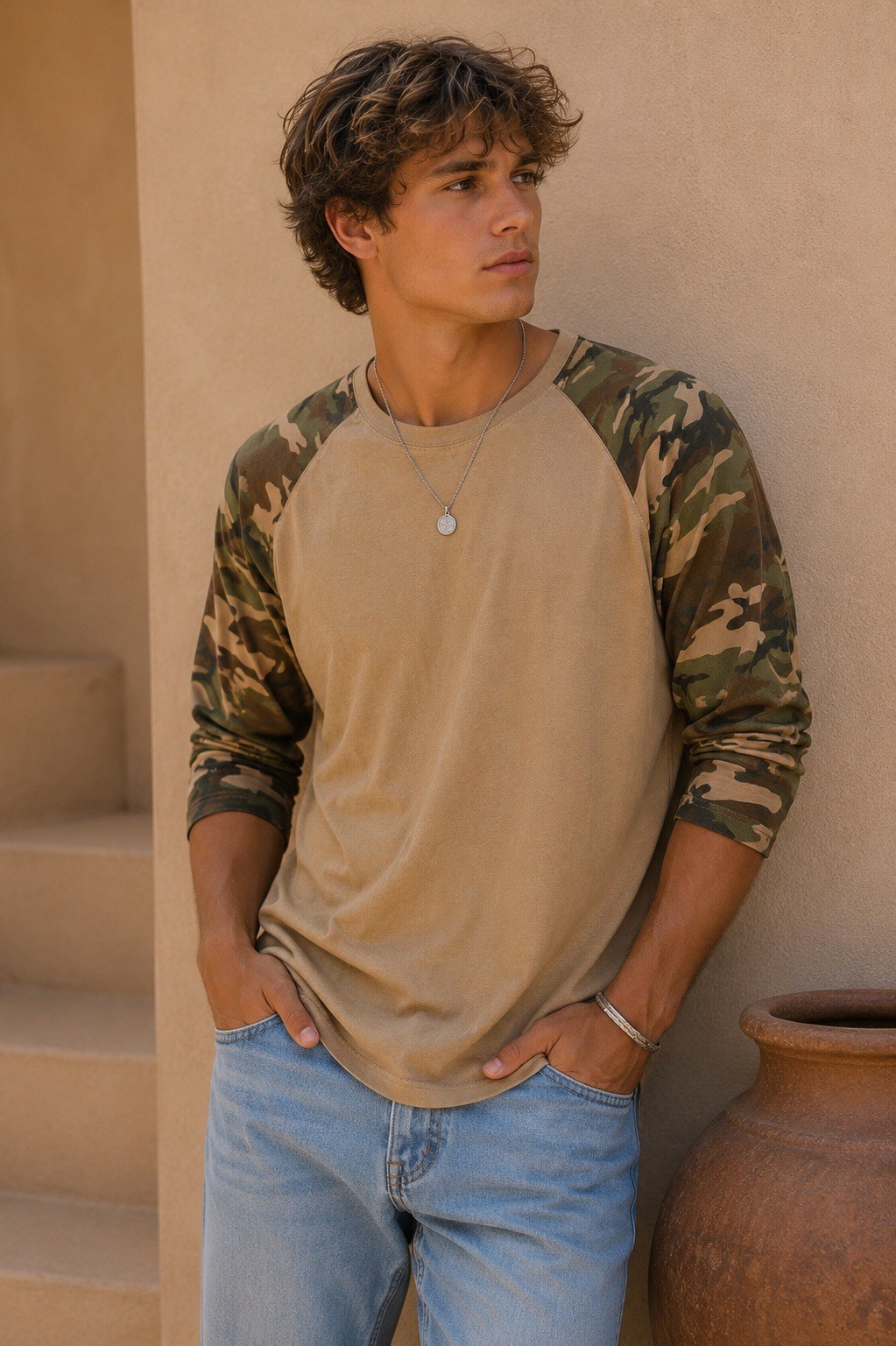 Galaxy By Harvic Men’s Raglan Camo Sleeve Tee Brown And Green Size Medium