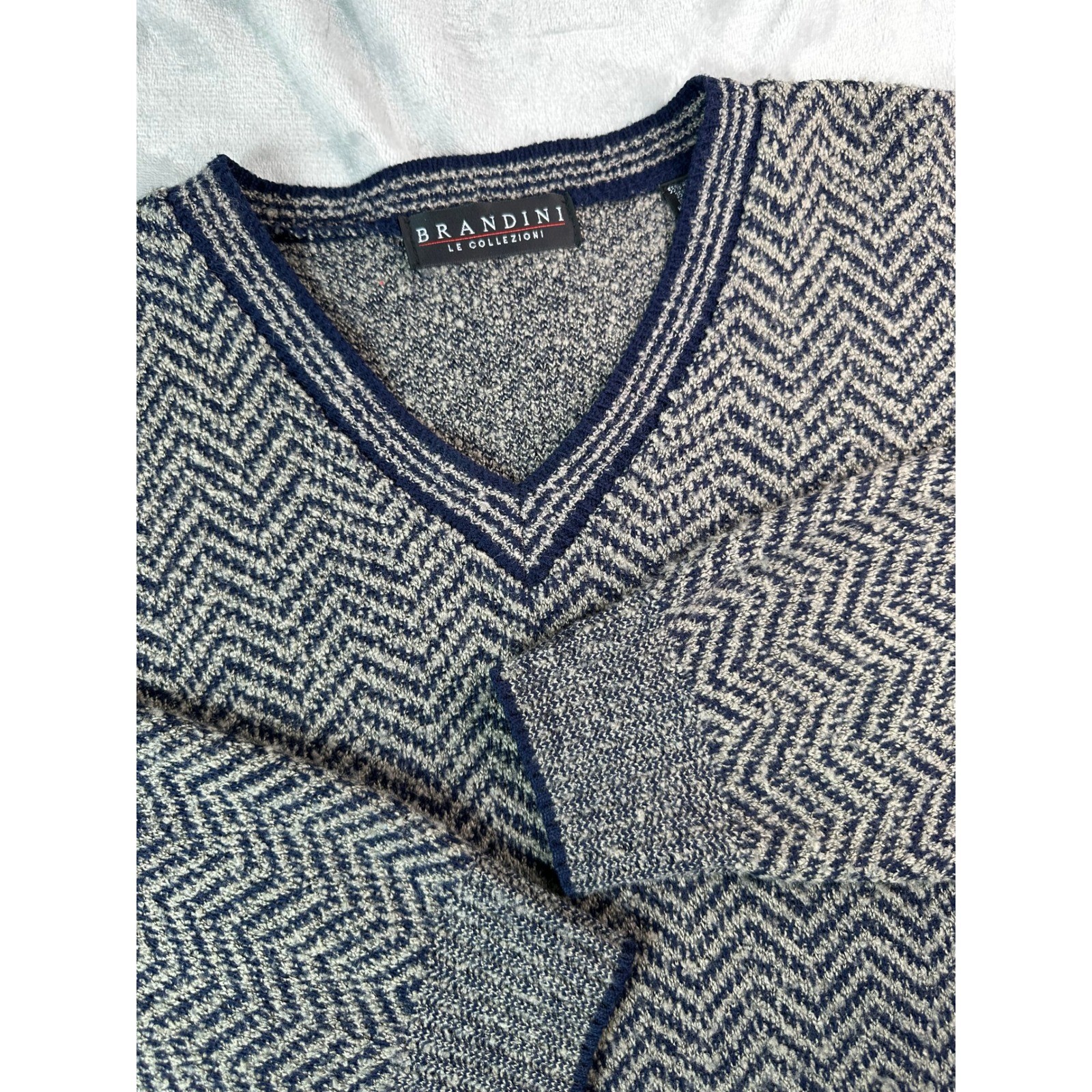 VTG Brandini Le Collezioni Sweater Mens L V-Neck Navy Tan Chevron Made Italy