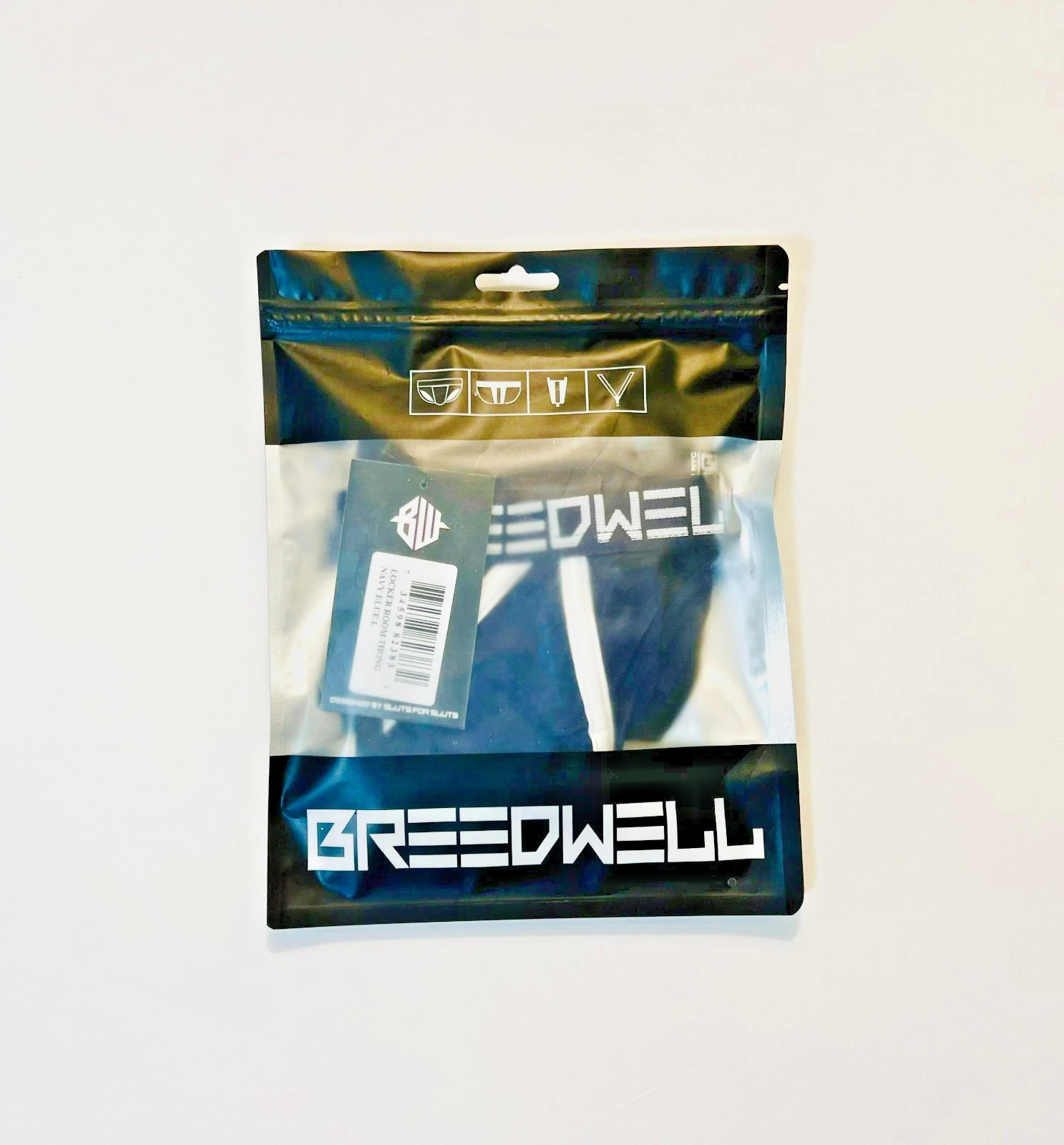 BREEDWELL Size L Locker Room T-Back Thong – Navy Blue/ Black/White/Silver