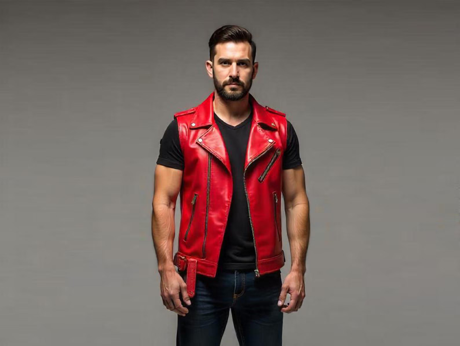 Men’s Black Leather Biker Vest | Sleeveless Moto Style Zip-Front Vest with Belt