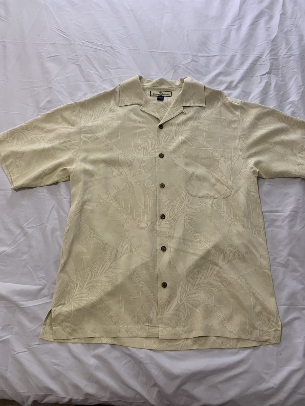 Tommy Bahama Shirt Men Sm 100% Silk Short Sleeve Button Creme Flower Embroided
