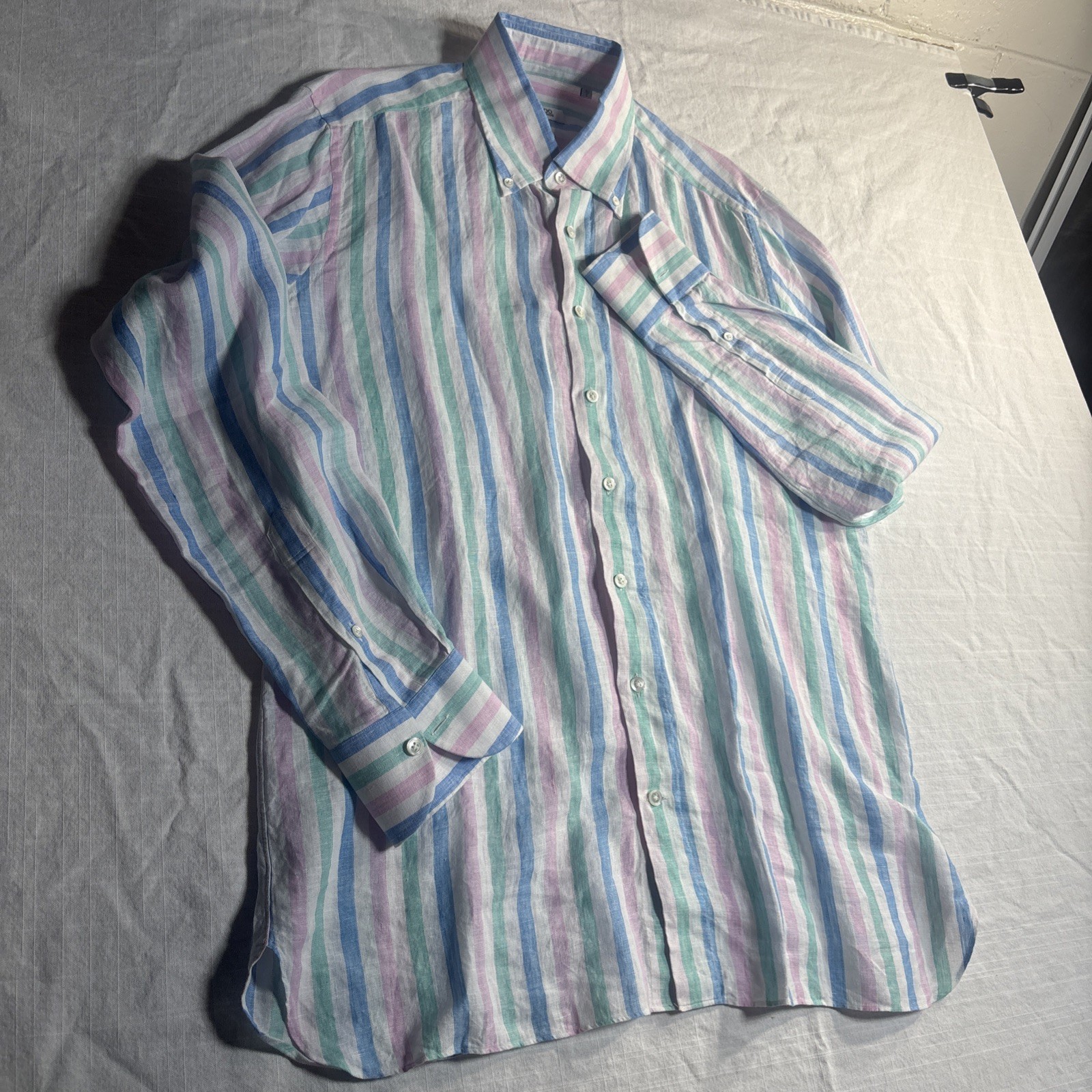 100 HANDS LINEN PASTEL STRIPE Men’s Shirt Button Up Blue Pink Green Size Small
