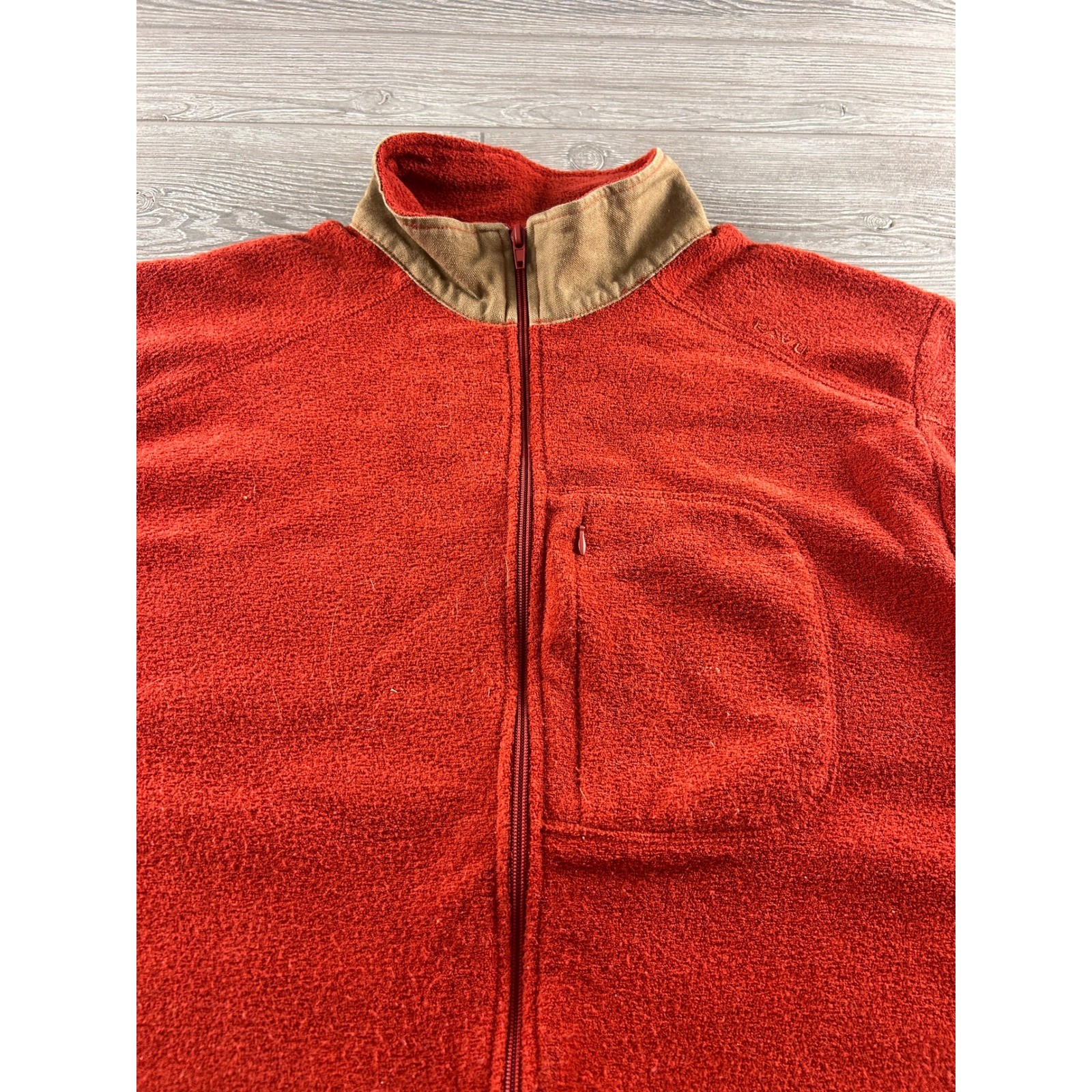 KAVU Mens Full Zip Fleece Jacket Burnt Orange Red Corduroy Trim Elbow Patches L