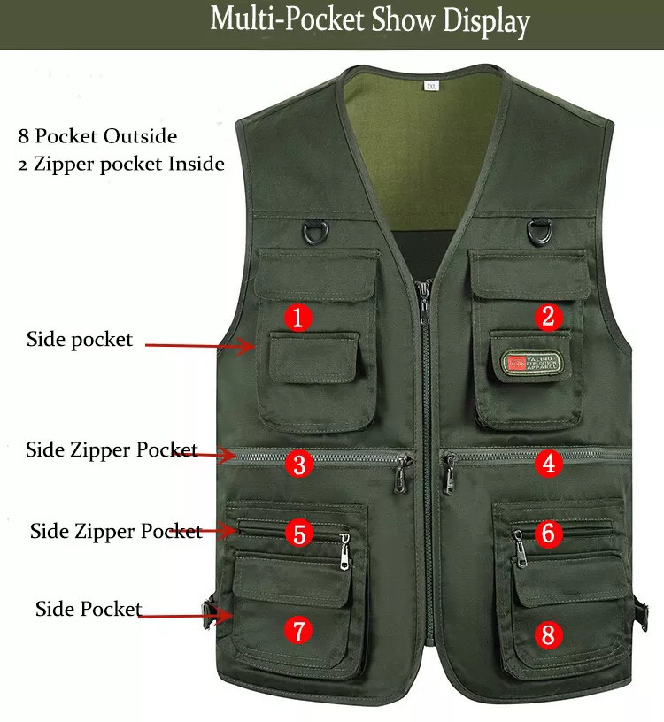 Men Cargo Multi Pocket Utility Vest Fishing Hiking Camping Gilet Waistcoat Tops