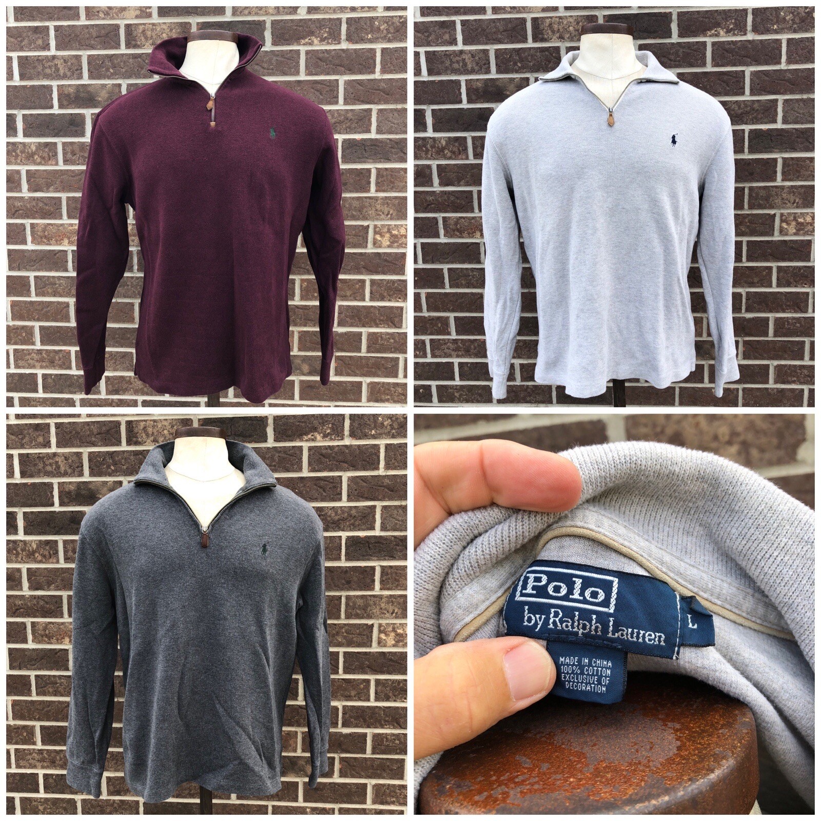 3 Polo Ralph Lauren Pullover Quarter Zip Sweatshirts Burgundy Dark Light Gray L
