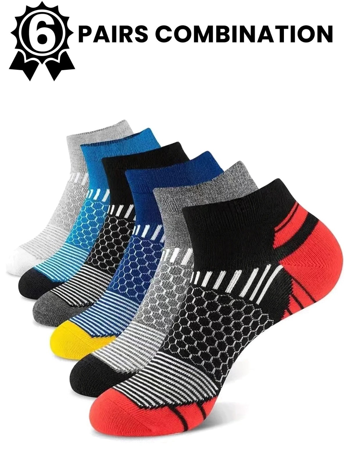 Men’s Athletic Socks 6-Pair Pack – Multi-Colored Sport Footwear, Low Cut & Breat