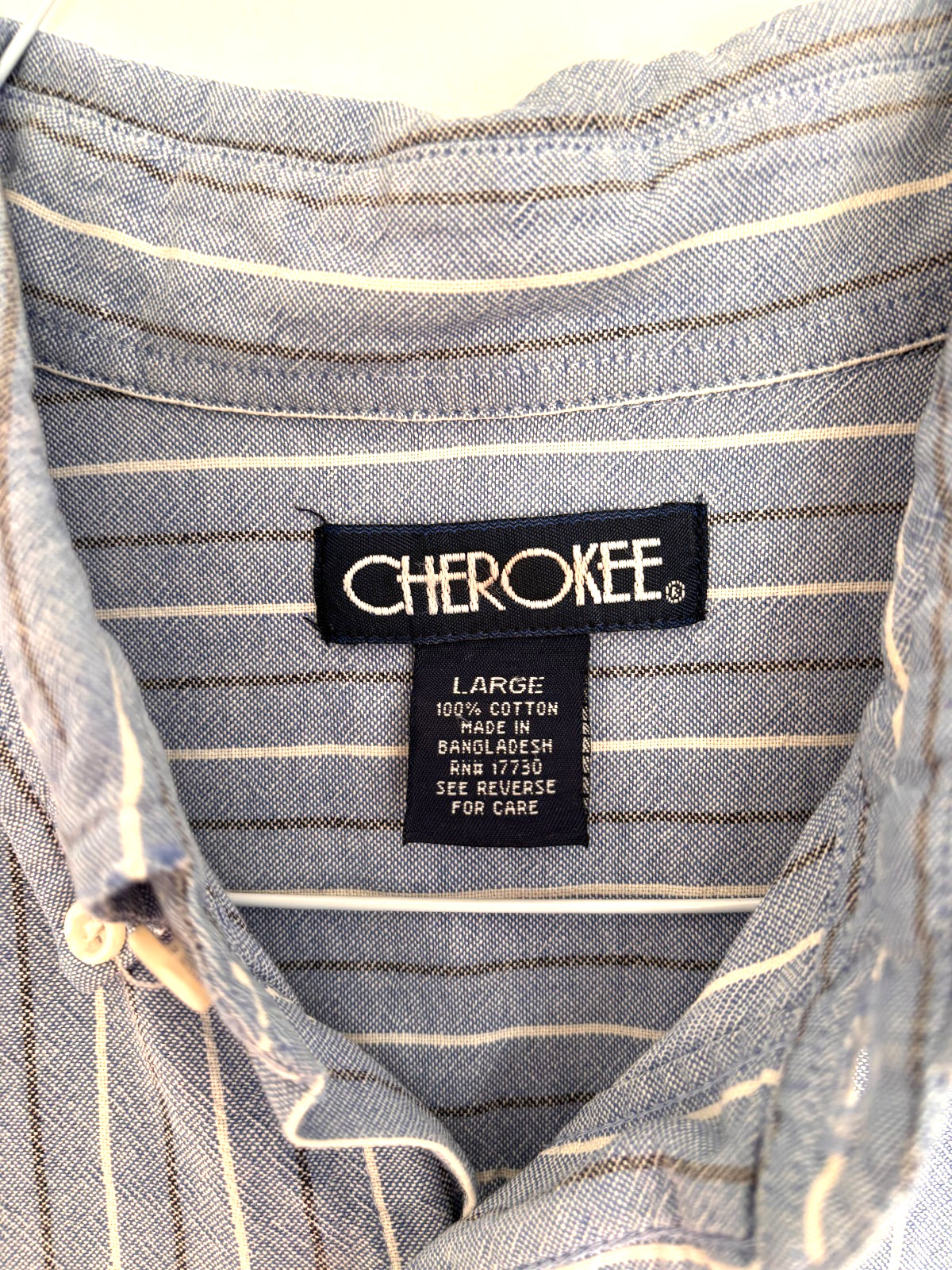 Cherokee Men’s Large Blue White Striped Button Front Shirt Cotton Short Sleeve