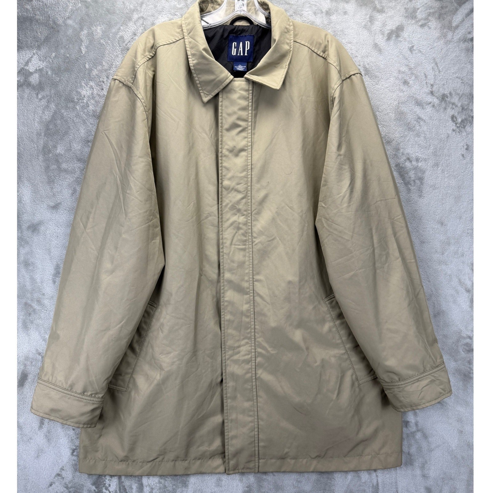 Gap Mens Tan Polyester Mac Coat Vintage Zip Front Car Jacket Beige Large RN54023