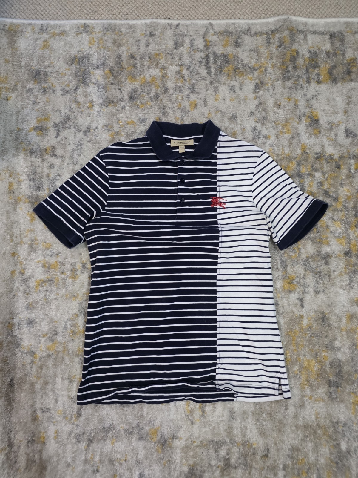 Burberry London Men’s Navy White Striped Polo Shirt S/S Thick Jersey – Size L