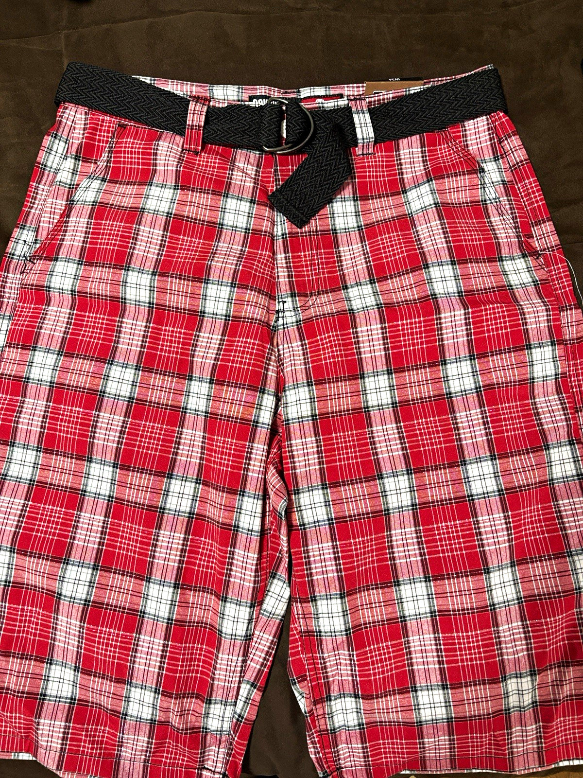 Southpole Men’s Red/White/Black Plaid Chino Shorts Belted Flat Front Pockets