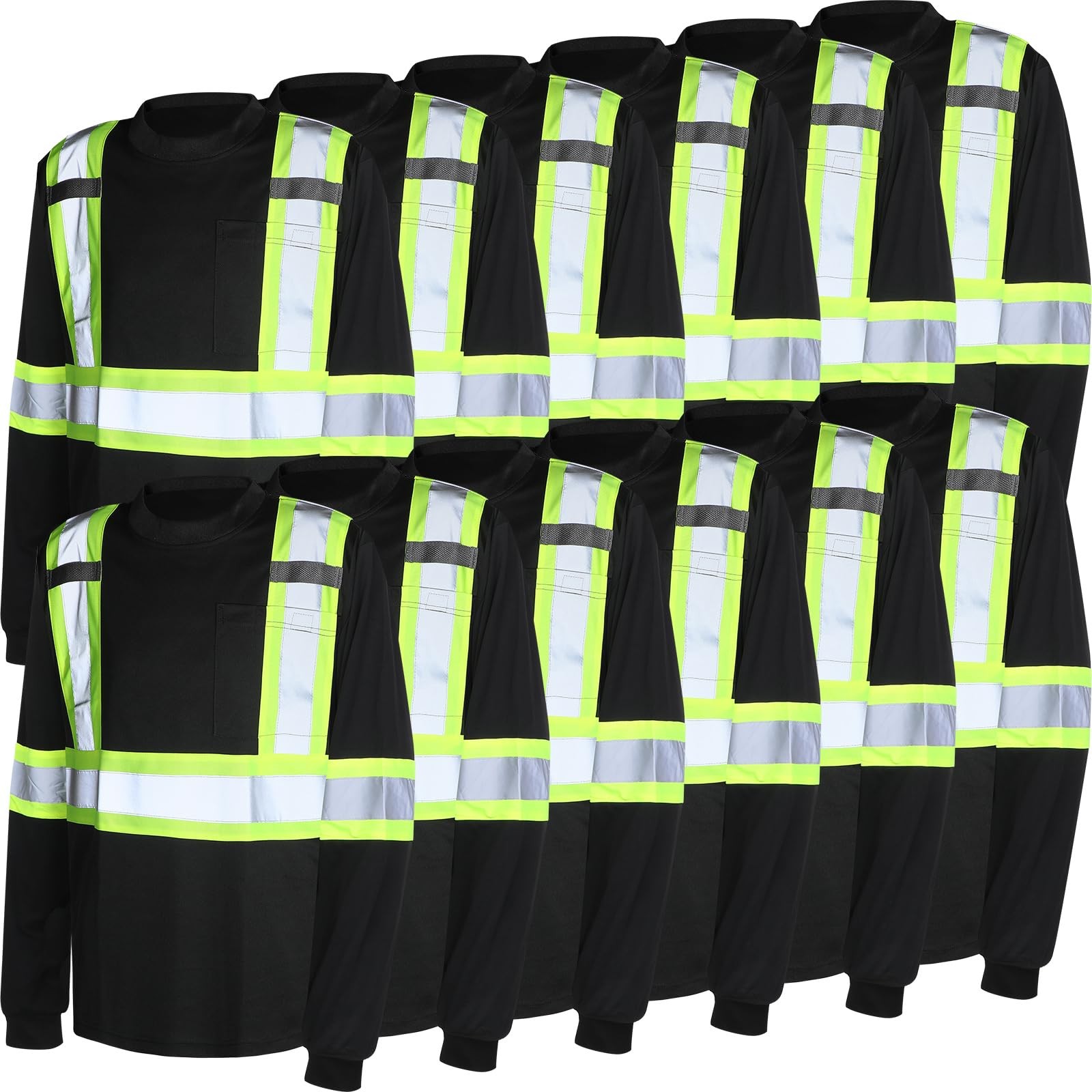 12 Pcs Safety Long Sleeve Shirts Bulk Class 3 Reflective High Visibility Shir…