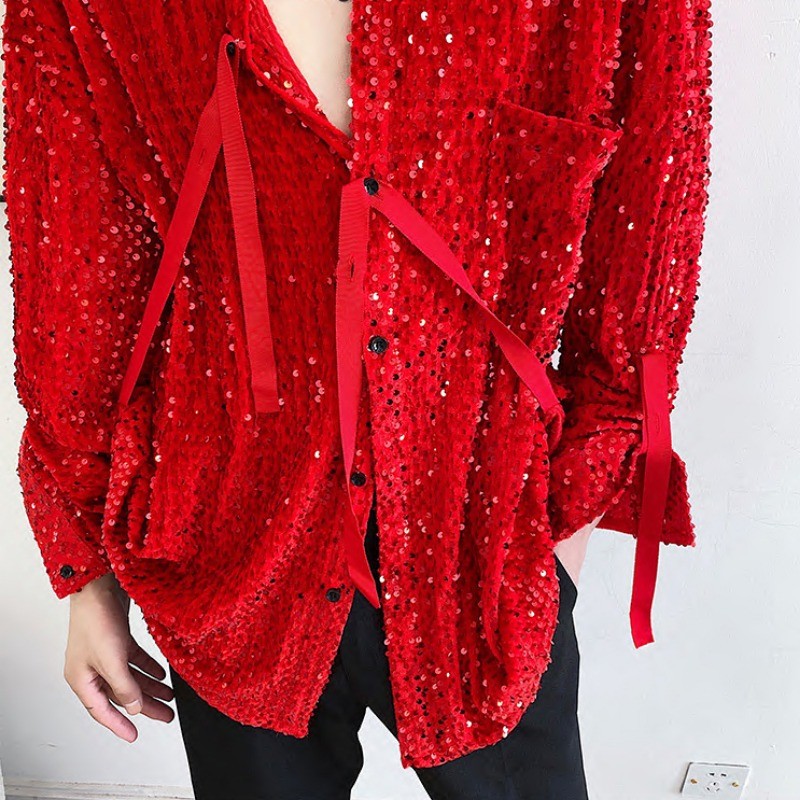 Men Sequined Velvet Button Shirt Long Sleeve Strap Glitter Nightclub Performance