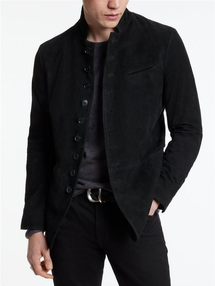 Mandarin Collar Suede Jacket Men’s Black Button Front Tailored Leather Coat