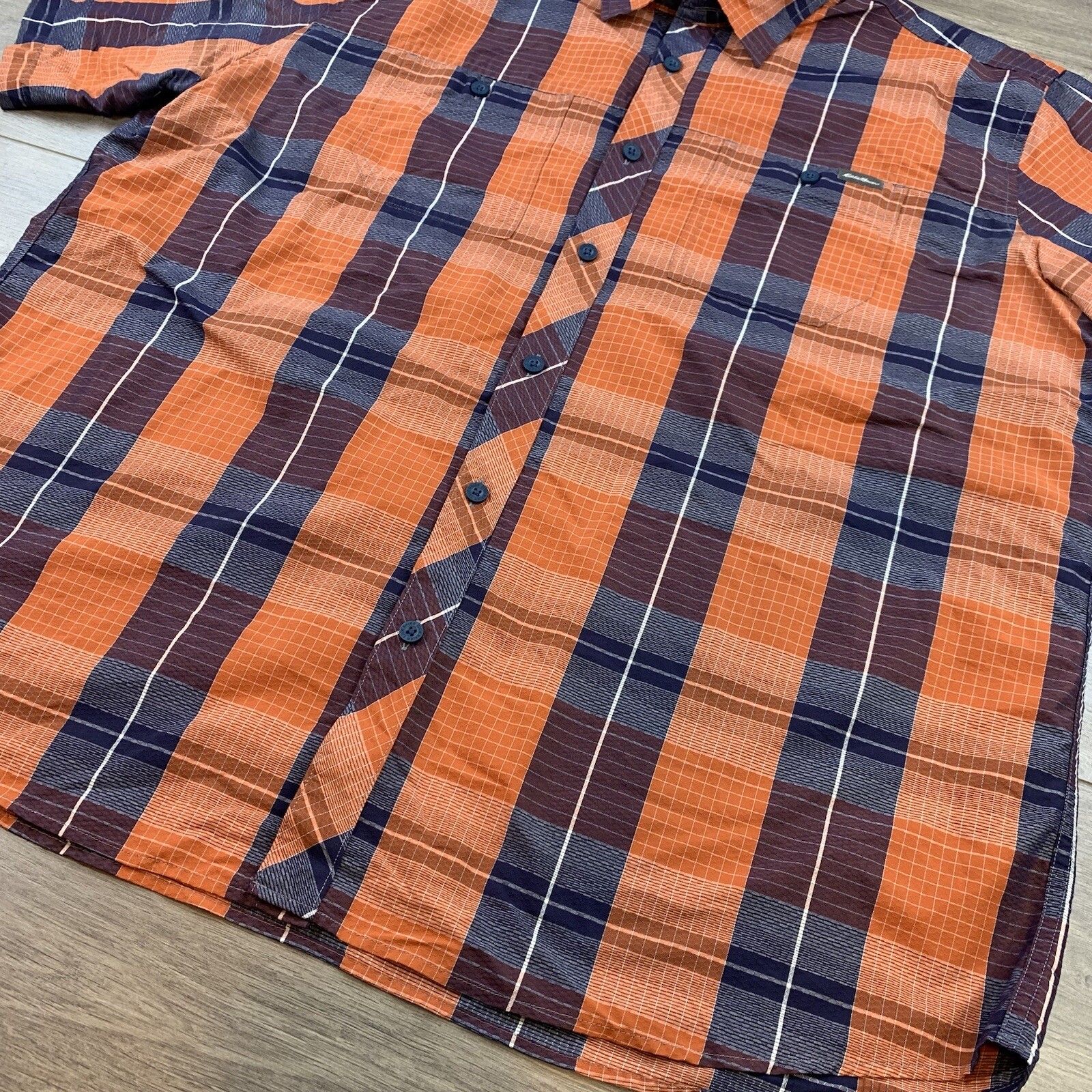 Eddie Bauer Travex Button Up Shirt Men’s 2XL Orange Plaid Short Sleeve Classic