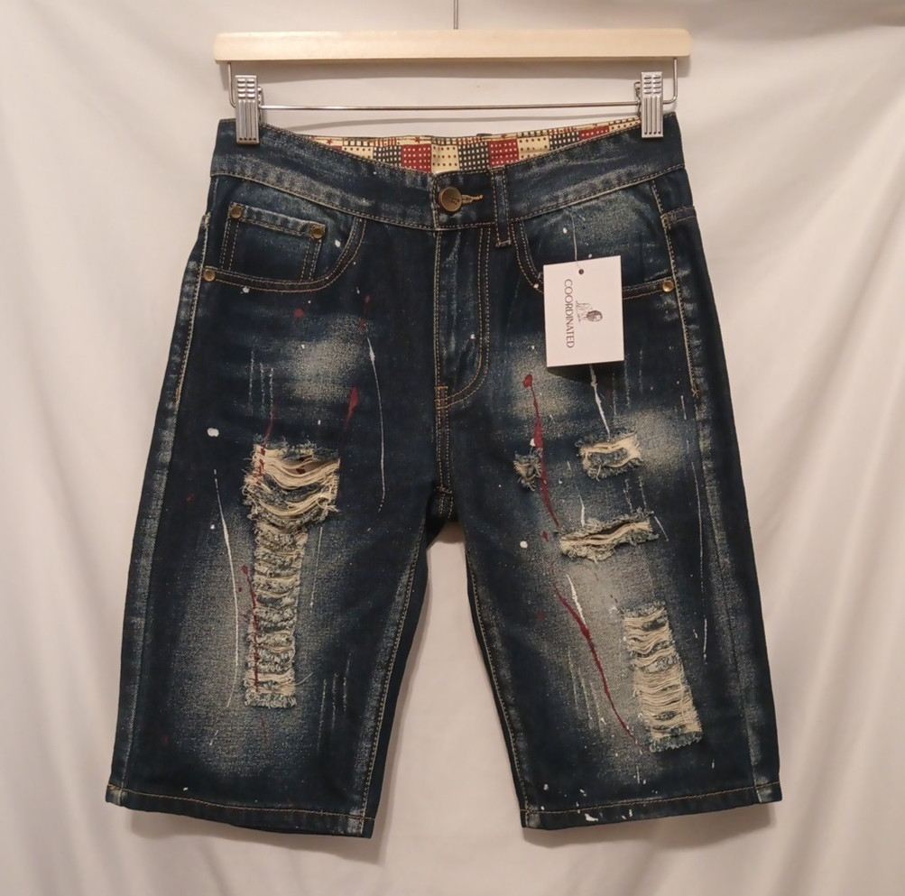 Coordinated Flag Jean Denim Shorts Men 2XS XXS 28″ Blue Distressed Pain Splatter