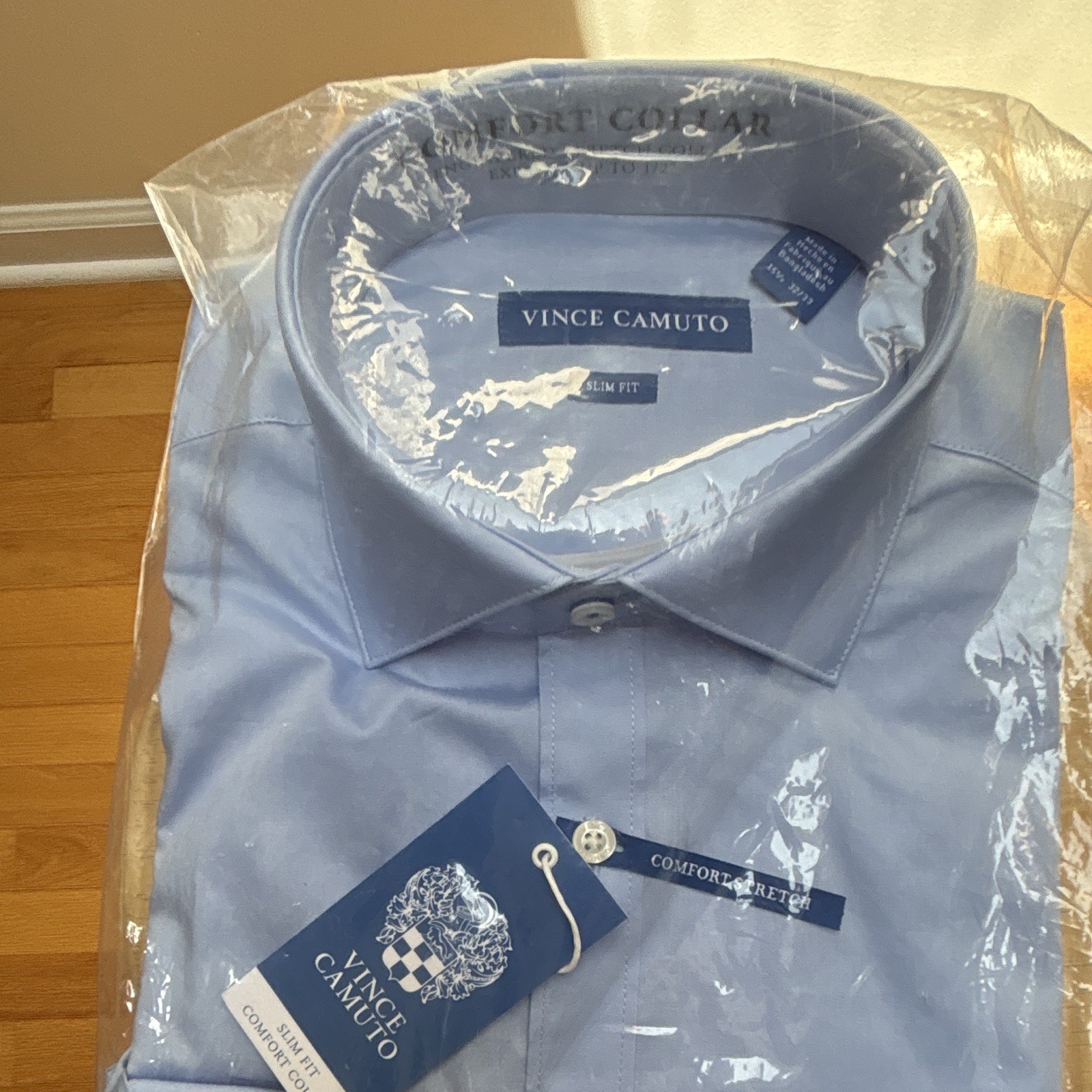 Vince Camuto Slim Fit Light Blue Solid Cotton Stretch Point Collar Shirt 15.5
