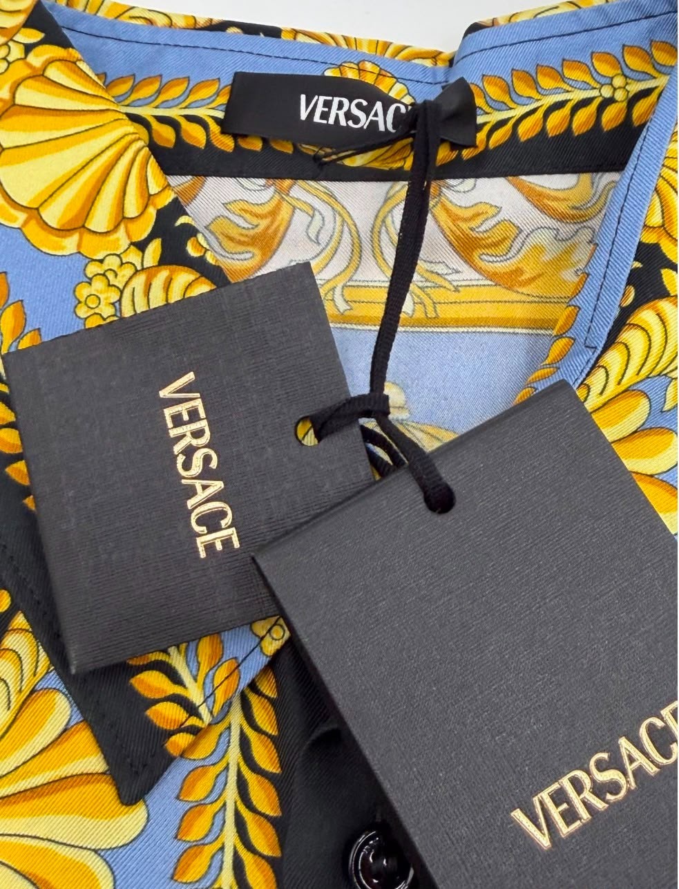 Versace La Vacanza Shirt Silk Barocco Gold Palm new authentic in size 46 IT, S
