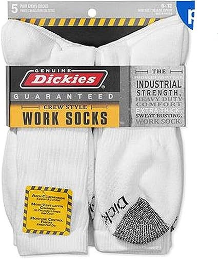 New 5 Pk White Dickies – Men’s Dri-Tech Comfort Crew Work Socks (3 styles)