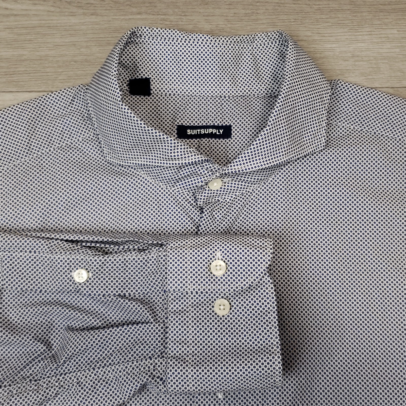 SuitSupply Dress Shirt Mens Size 17 Long Tall Blue Dot Geometric Cutaway Collar