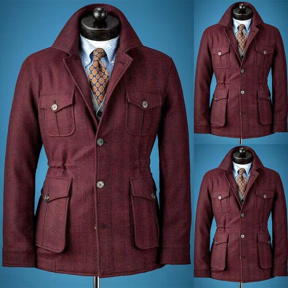 Burgundy Red Tweed Safari Jacket With Pocket Notch Lapel Formal Slim Fit Blazer
