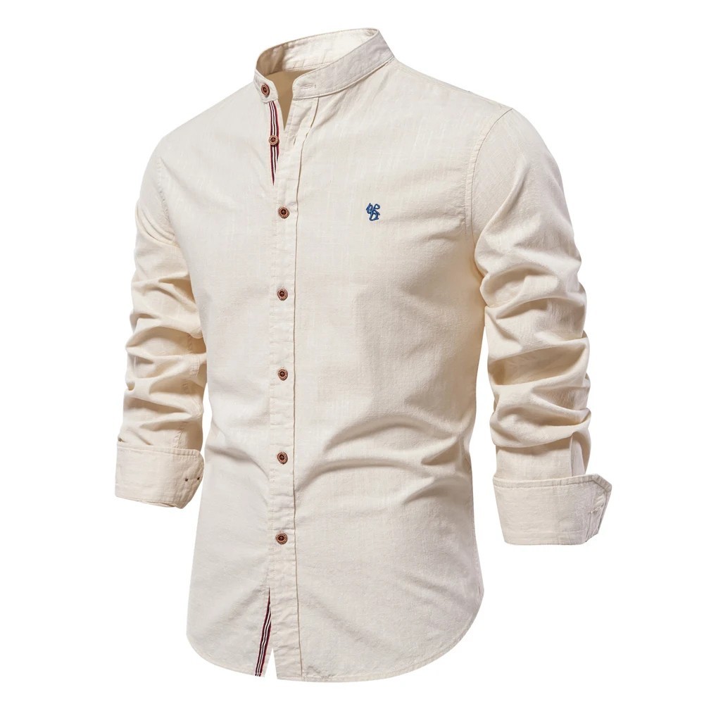 Mens Band Collar Shirt Long Sleeve Casual Button Front Dress Top