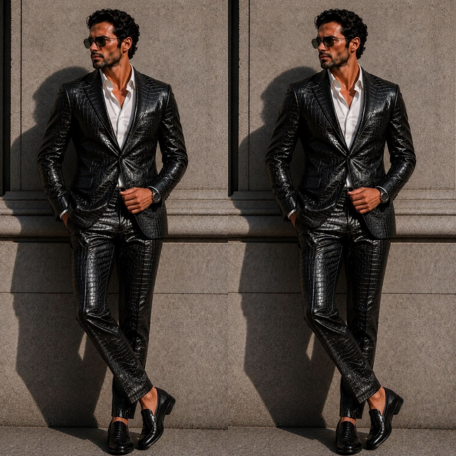 Black Leather Men Suits 2Pcs Slim Fit Casual Wear Jacket Notch Lapel Coat Blazer