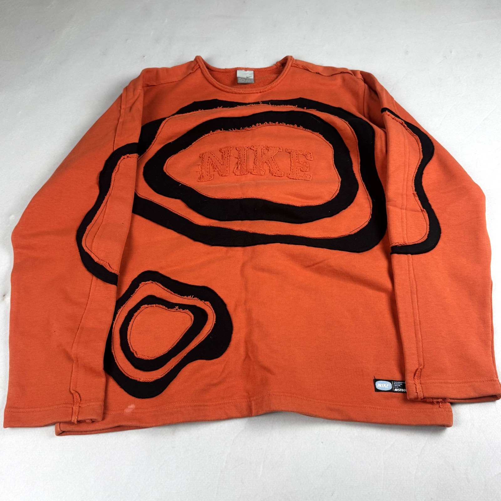 Mens Nike Y2K Abstract Applique Sweatshirt Orange Embroidered Logo Distressed