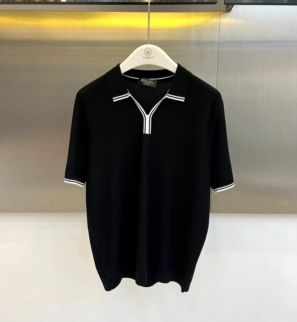Loro Piana Knit Polo Shirt Black Contrast Trim Short Sleeve Casual Top 48-56