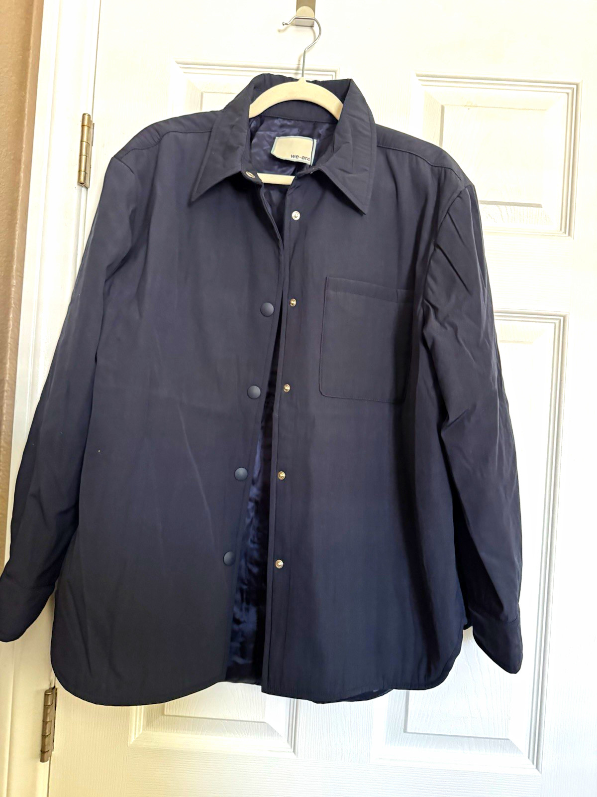 we-ar4 Men’s Navy Solid Long Sleeve Polyamide Satin Button-Up Shirt Size M