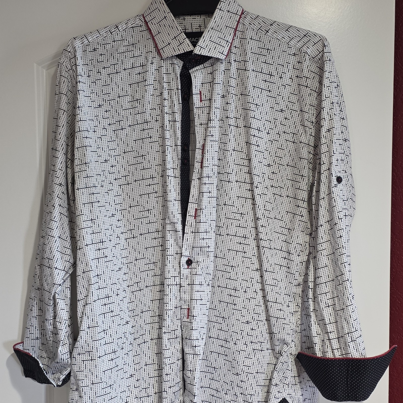 MACEOO Regular Fit L Cotton White Geometric Spread Collar Dress Shirt
