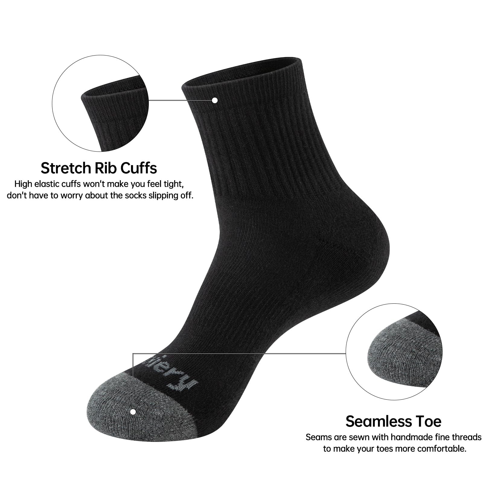 Monxiery Mens 100% Cotton Cushioned Moisture Wicking One Size, 5 Pairs Black