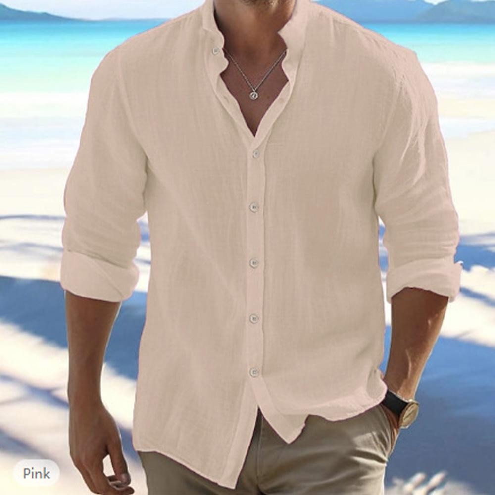 Cotton Linen Hot Sale Men’s Long-sleeved Shirts Summer Solid Color Stand-up Coll