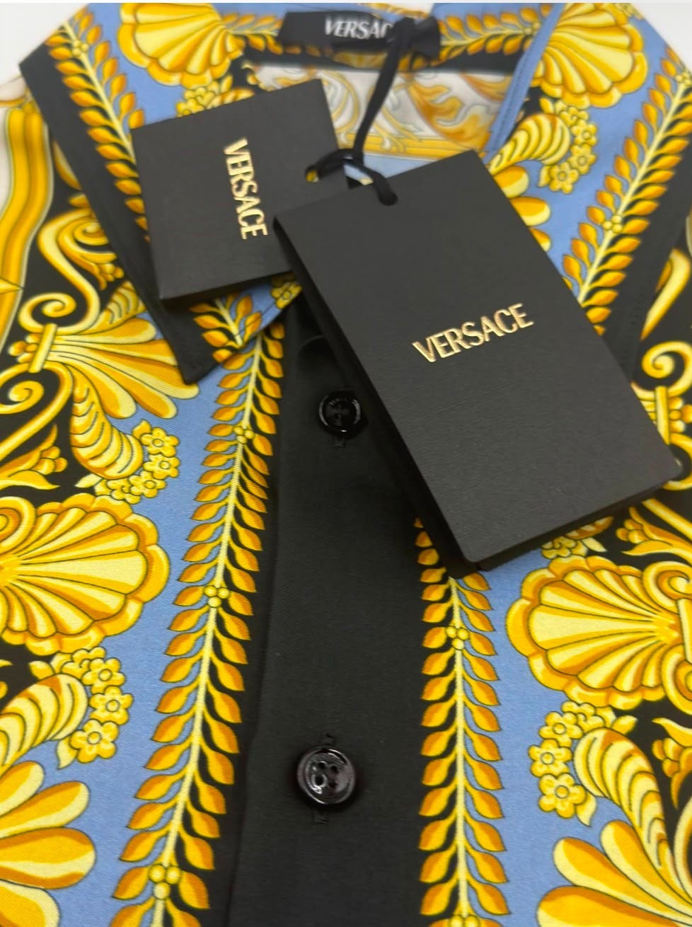 Versace La Vacanza Shirt Silk Barocco Gold Palm new authentic in size 46 IT, S