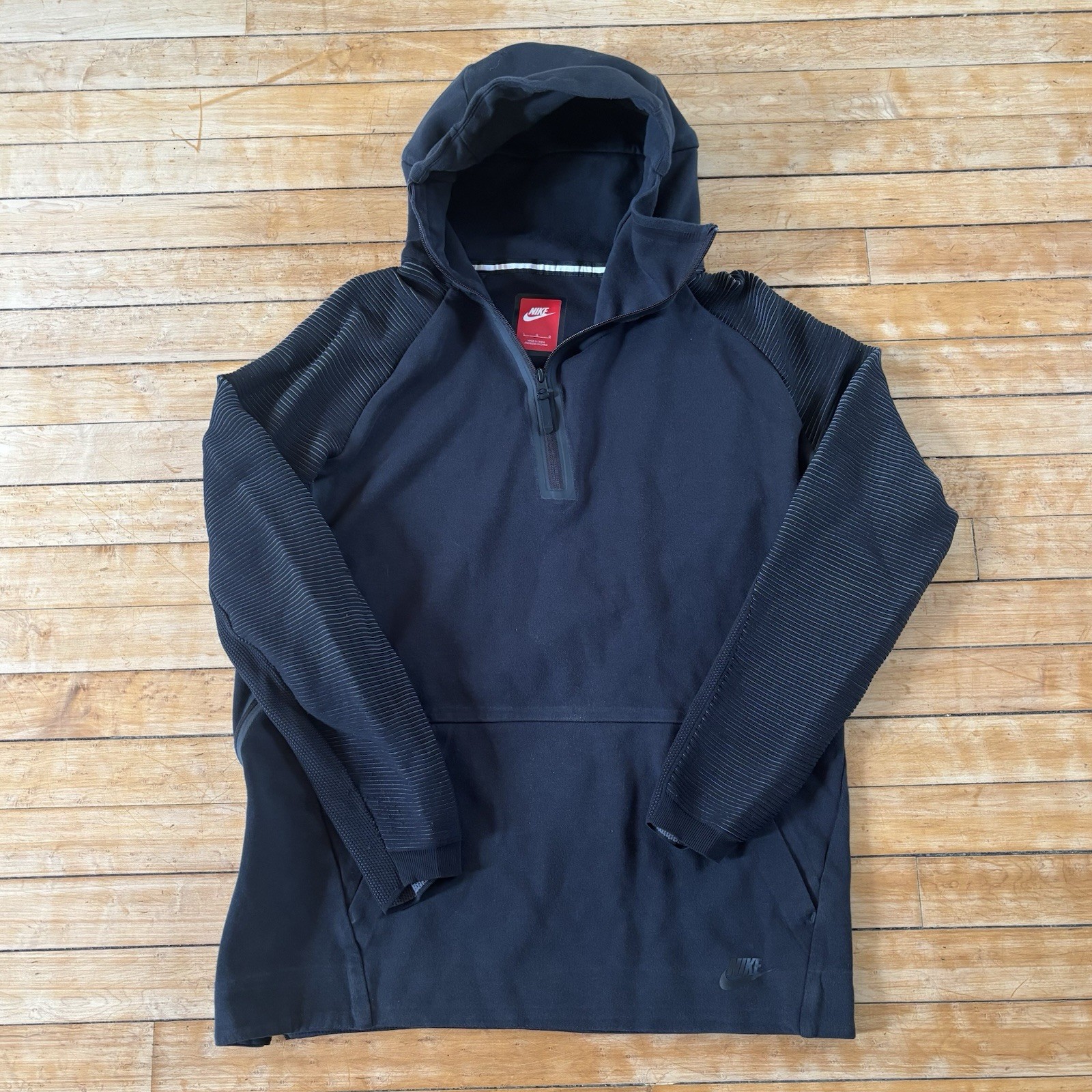 Nike Tech Sportswear 1/4 Zip Fleece Pullover Hoodie Mens L Black Ribbed