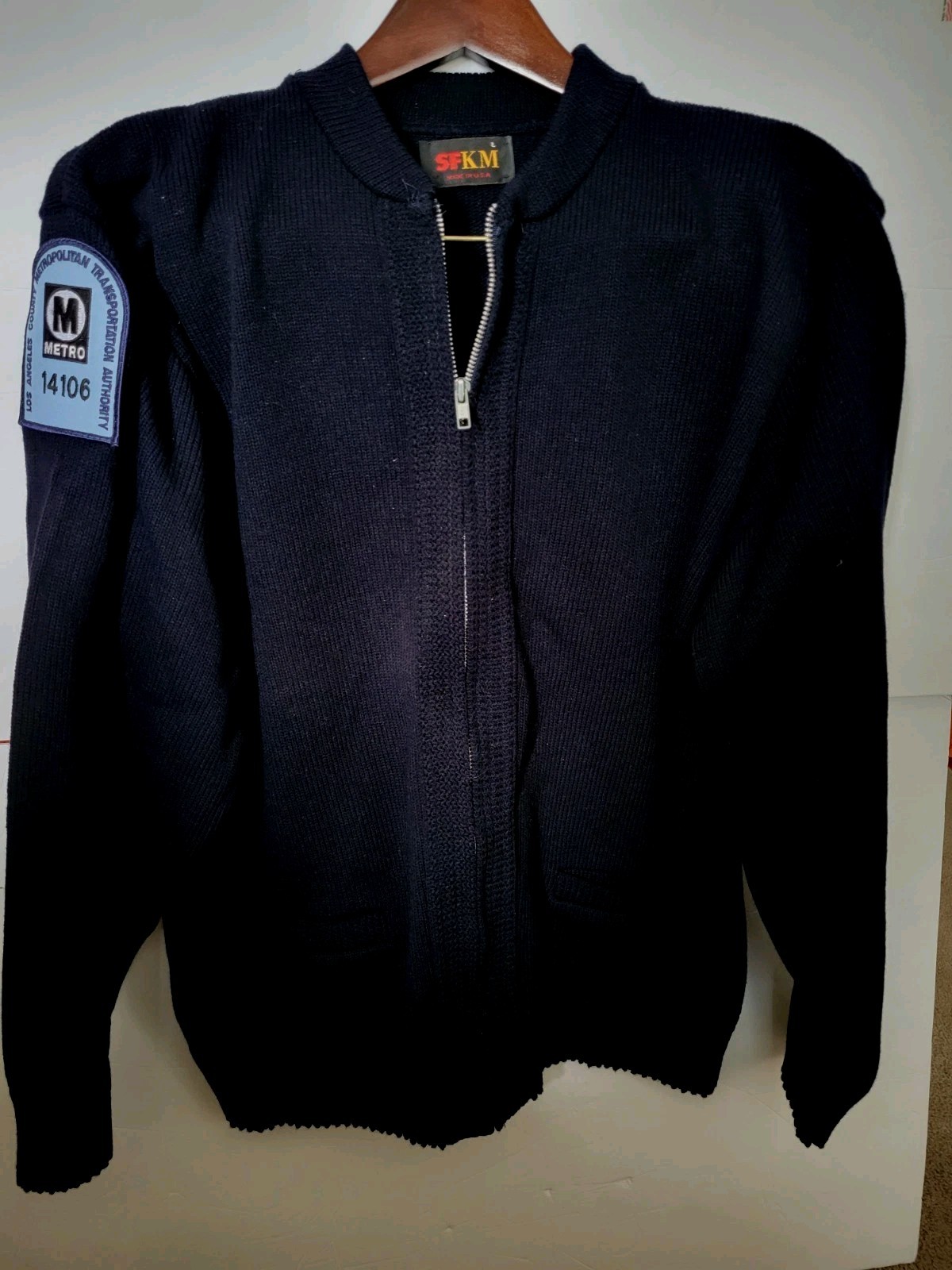 Vntg SFKM Navy Blue Full Zip Knit SWEATER Men’s LG USA LA METRO TRANS. AUTHORITY