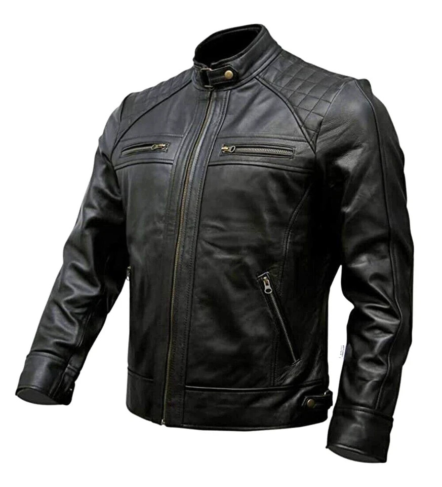 Men’s Black Genuine Leather Biker Jacket Cafe Racer Motorcycle Zip Coat