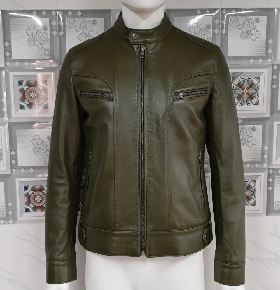 Men’s Olive Green Real Lambskin Leather Jacket Style Biker Coat Size XS TO 3XL