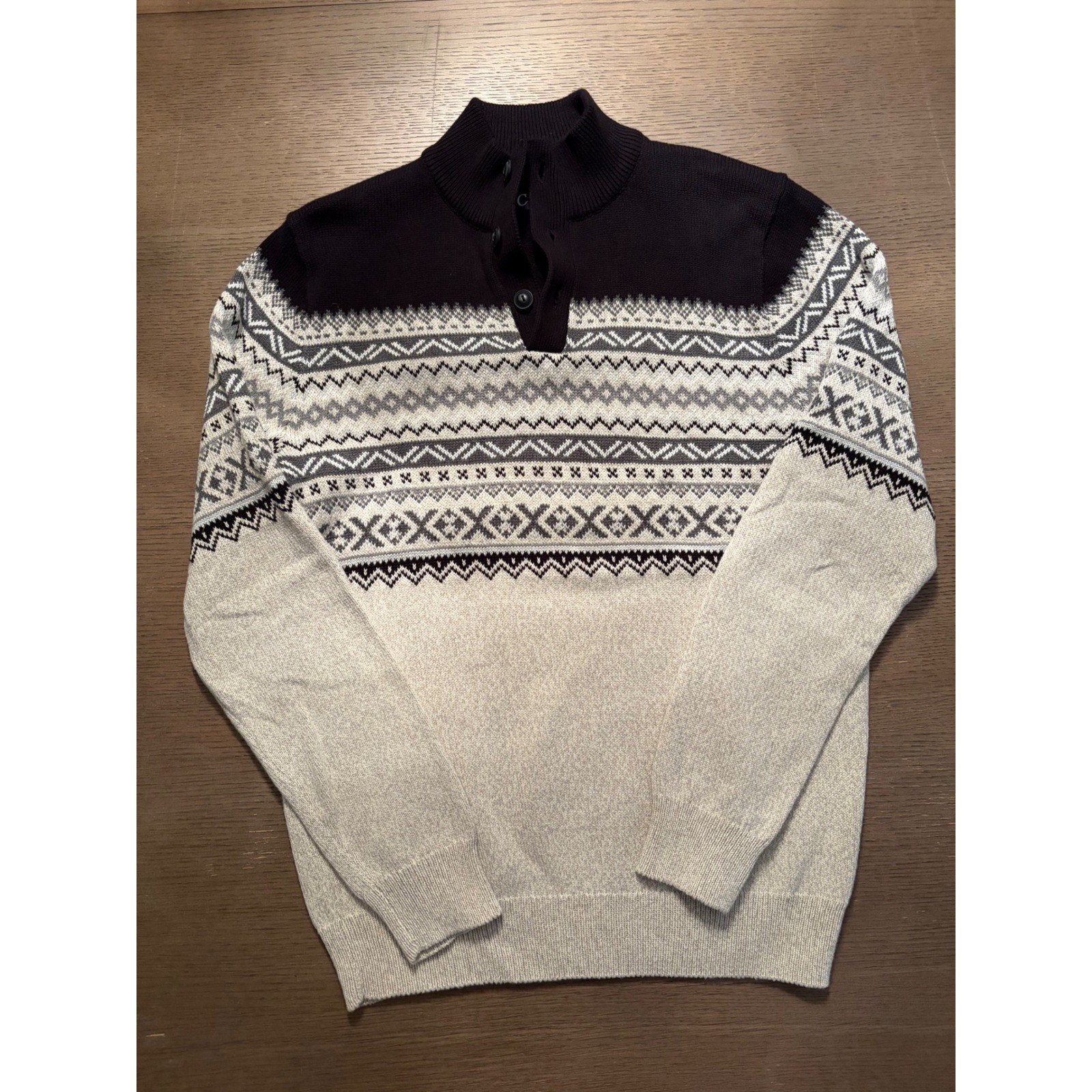 Chaps Mens Fair Isle Quarter Button Mock Neck Sweater Black Grey White Small