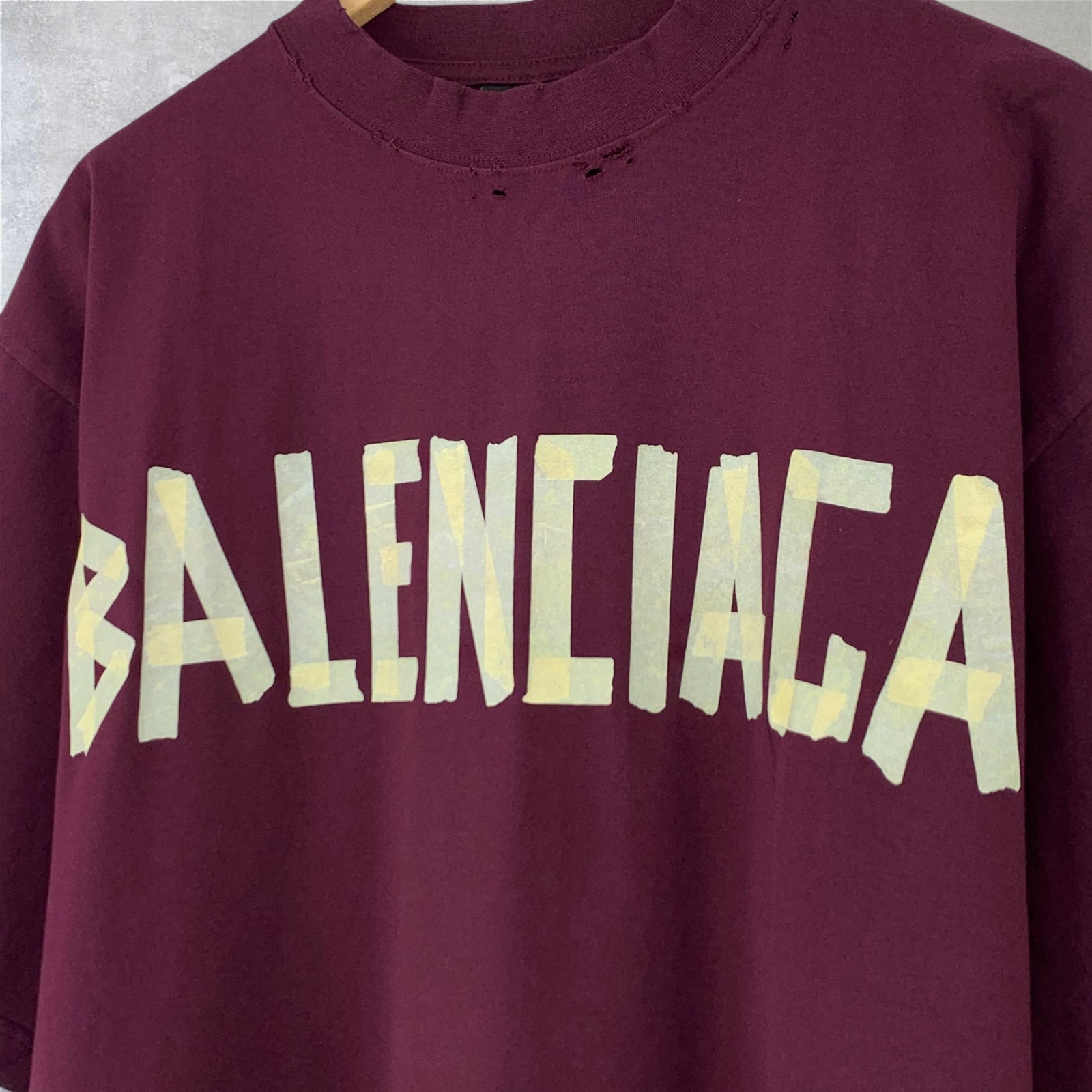 Balenciaga Tape Type Logo Cotton Crewneck Short Sleeve Burgundy T-shirt Size M